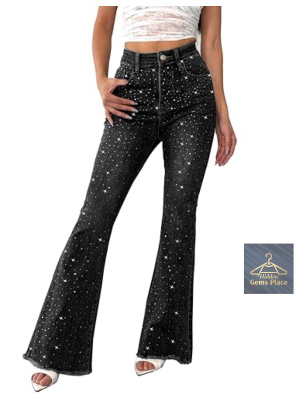 Rhinestone Sequin Bootcut Flare Jeans High Waist Sparkly Y2K Ripped Denim Pants